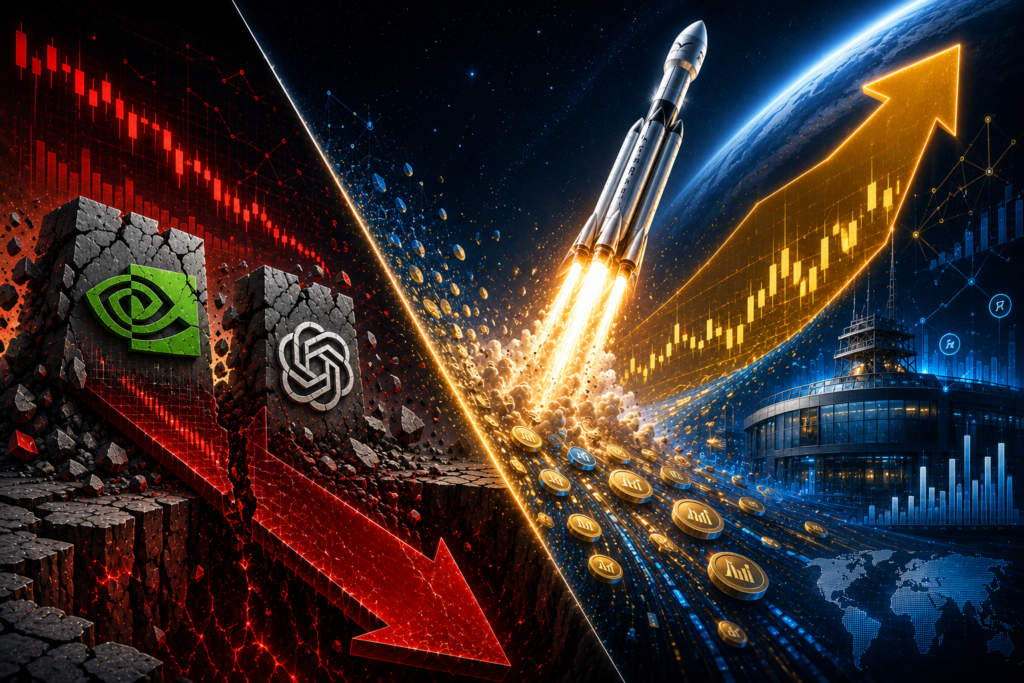 Pad AI divova Nvidia i OpenAI pod crvenom strelicom i istovremeno lansiranje rakete SpaceX uz zlatnu dioničku strelicu povodom povijesnog IPO-a na burzi.