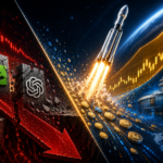 Pad AI divova Nvidia i OpenAI pod crvenom strelicom i istovremeno lansiranje rakete SpaceX uz zlatnu dioničku strelicu povodom povijesnog IPO-a na burzi.