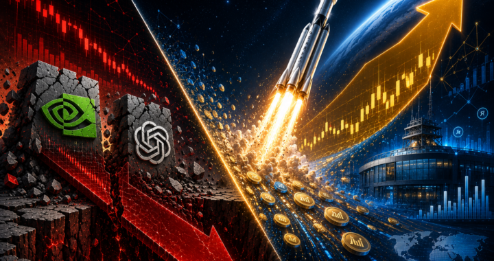 Pad AI divova Nvidia i OpenAI pod crvenom strelicom i istovremeno lansiranje rakete SpaceX uz zlatnu dioničku strelicu povodom povijesnog IPO-a na burzi.
