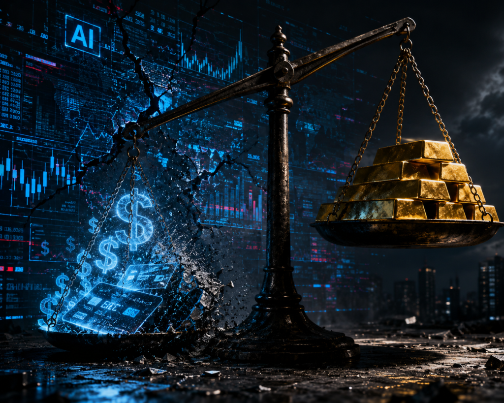 Ilustracija ekonomske krize koja prikazuje vagu s dionicama na Wall Streetu, digitalnim dugom na kreditnim karticama i zlatnim polugama u prvom planu.