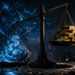 Ilustracija ekonomske krize koja prikazuje vagu s dionicama na Wall Streetu, digitalnim dugom na kreditnim karticama i zlatnim polugama u prvom planu.