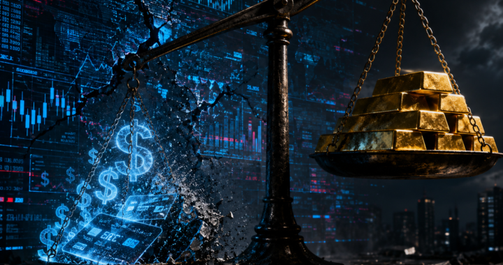 Ilustracija ekonomske krize koja prikazuje vagu s dionicama na Wall Streetu, digitalnim dugom na kreditnim karticama i zlatnim polugama u prvom planu.