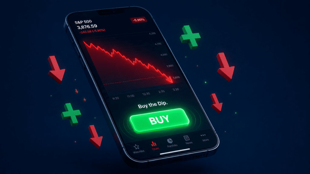 Mobitel prikazuje pad burze i crveni graf, ali s istaknutim zelenim gumbom za Buy the Dip strategiju preživljavanja krizama