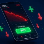 Mobitel prikazuje pad burze i crveni graf, ali s istaknutim zelenim gumbom za Buy the Dip strategiju preživljavanja krizama
