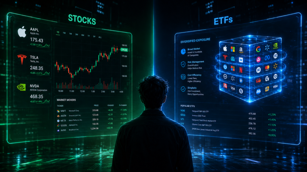Holografski zaslon na kojem osoba uspoređuje pojedinačne dionice Apple, Tesla i Nvidia s diversificiranim ETF-ovima u obliku kocke logotipa.