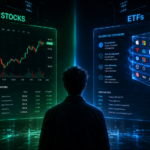 Holografski zaslon na kojem osoba uspoređuje pojedinačne dionice Apple, Tesla i Nvidia s diversificiranim ETF-ovima u obliku kocke logotipa.