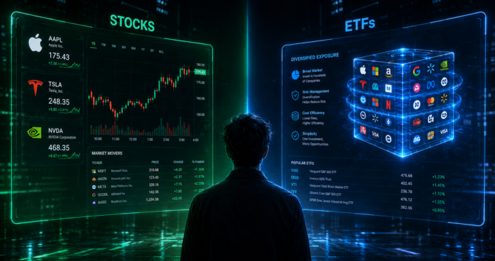 Holografski zaslon na kojem osoba uspoređuje pojedinačne dionice Apple, Tesla i Nvidia s diversificiranim ETF-ovima u obliku kocke logotipa.