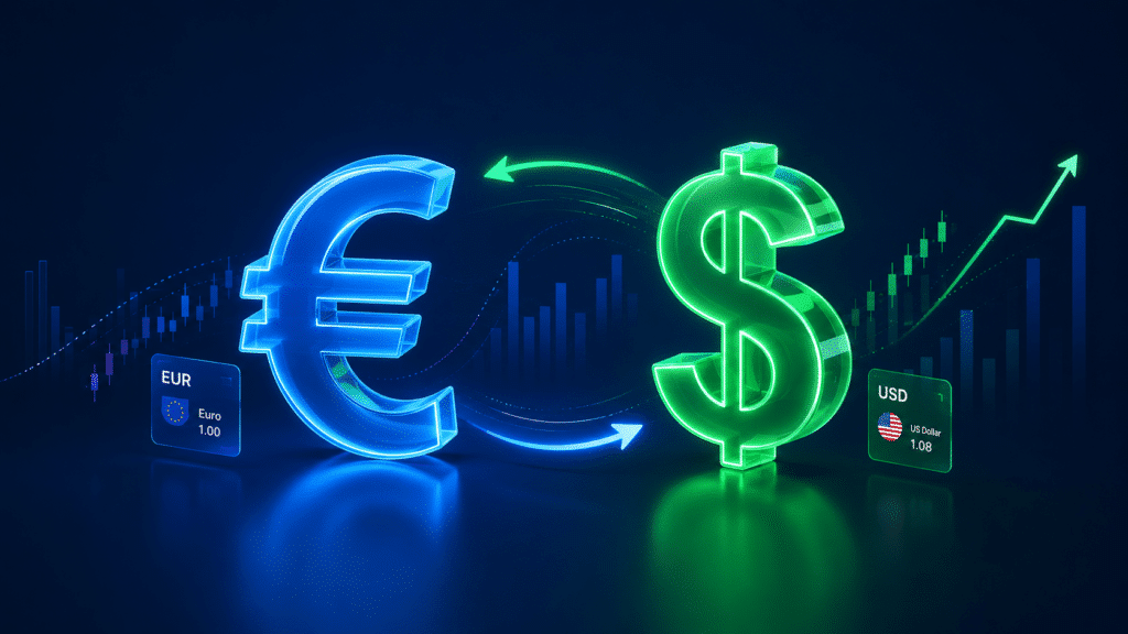 Moderno minimalističko 3D sučelje koje prikazuje balans između eura i dolara na vagi, s istaknutim zelenim gumbom za Buy the Dip strategiju preživljavanja krizama.