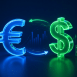 Moderno minimalističko 3D sučelje koje prikazuje balans između eura i dolara na vagi, s istaknutim zelenim gumbom za Buy the Dip strategiju preživljavanja krizama.