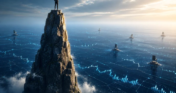 Ilustracija osobe koja balansira na vrhu stijene iznad digitalnih financijskih grafikona, simbolizirajući donošenje investicijskih odluka na vrhuncu burze.