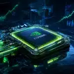 Nvidia AI procesor s tekućim hlađenjem i svjetlećim logotipom na pozadini financijskih grafikona i rasta dionice NVDA