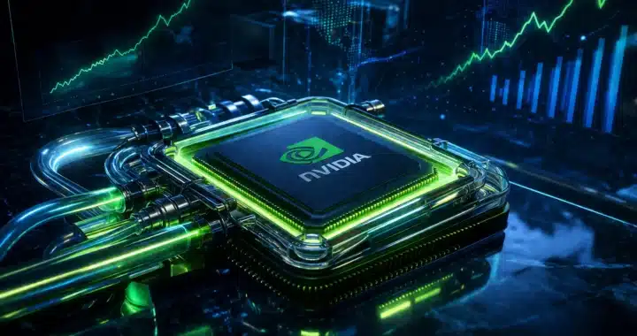 Nvidia AI procesor s tekućim hlađenjem i svjetlećim logotipom na pozadini financijskih grafikona i rasta dionice NVDA