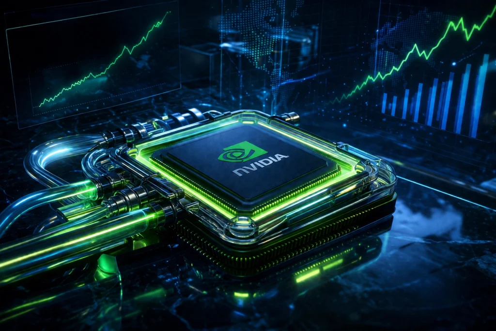Nvidia AI procesor s tekućim hlađenjem i svjetlećim logotipom na pozadini financijskih grafikona i rasta dionice NVDA