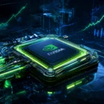 Nvidia AI procesor s tekućim hlađenjem i svjetlećim logotipom na pozadini financijskih grafikona i rasta dionice NVDA