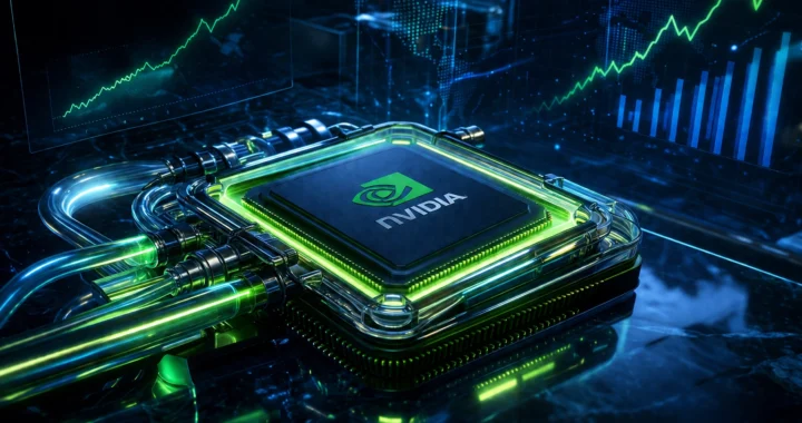 Nvidia AI procesor s tekućim hlađenjem i svjetlećim logotipom na pozadini financijskih grafikona i rasta dionice NVDA