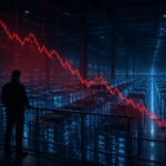 Podatkovni centar sa svjetlećim poslužiteljima i grafikonom pada dionice Oracle kao simbol ulaganja u AI infrastrukturu