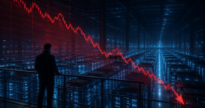 Podatkovni centar sa svjetlećim poslužiteljima i grafikonom pada dionice Oracle kao simbol ulaganja u AI infrastrukturu